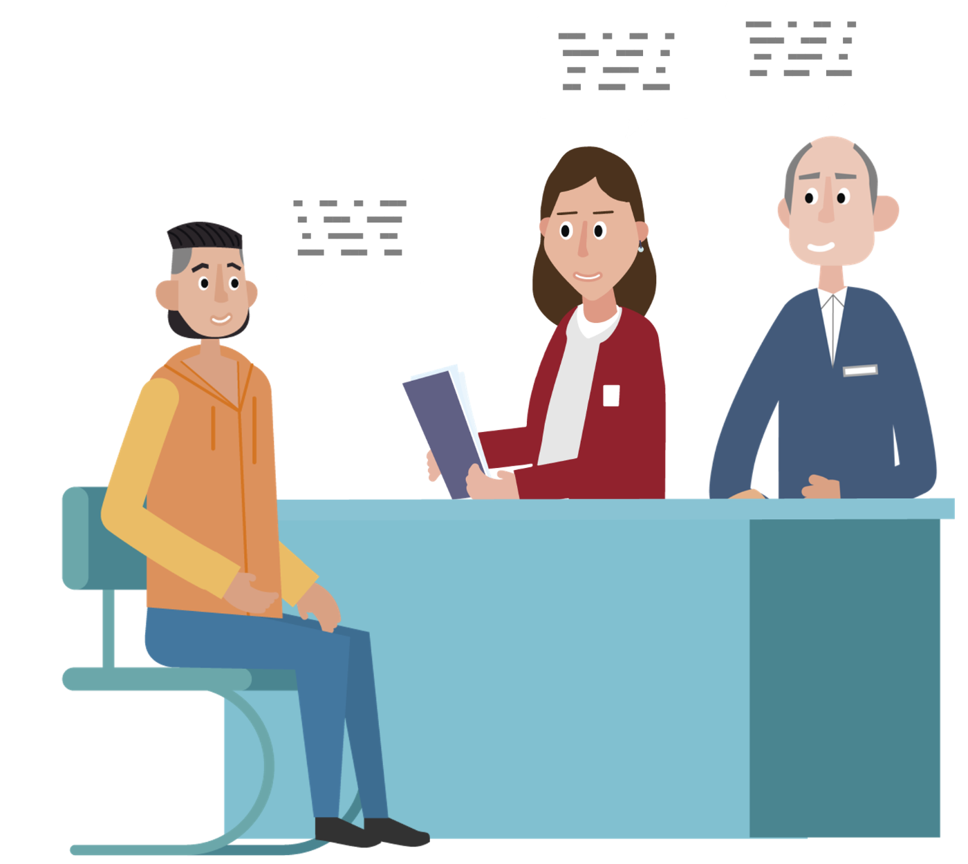 A man and a woman sitting at a desk in an office speaking to a boy who is sitting down opposite them. Everyone is smiling and the woman is holding some papers.