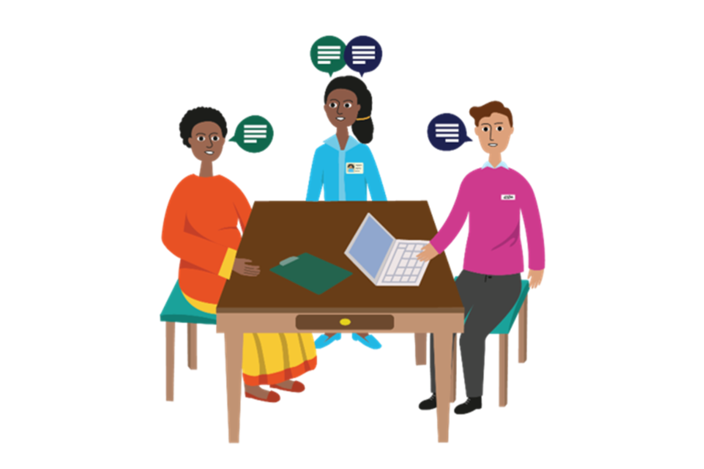 An illustration of applicant talking with an asylum official with the help of an interpreter. 