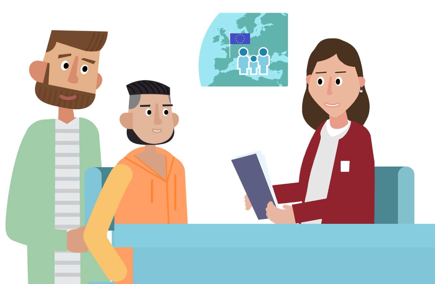 The boy and the male guardian talking to a woman who is sitting at a desk holding some papers and smiling. Between them in a speech bubble are silhouettes of people in the foreground depicting a family and a map of Europe in the background. There is a flag of the European Union on the map.