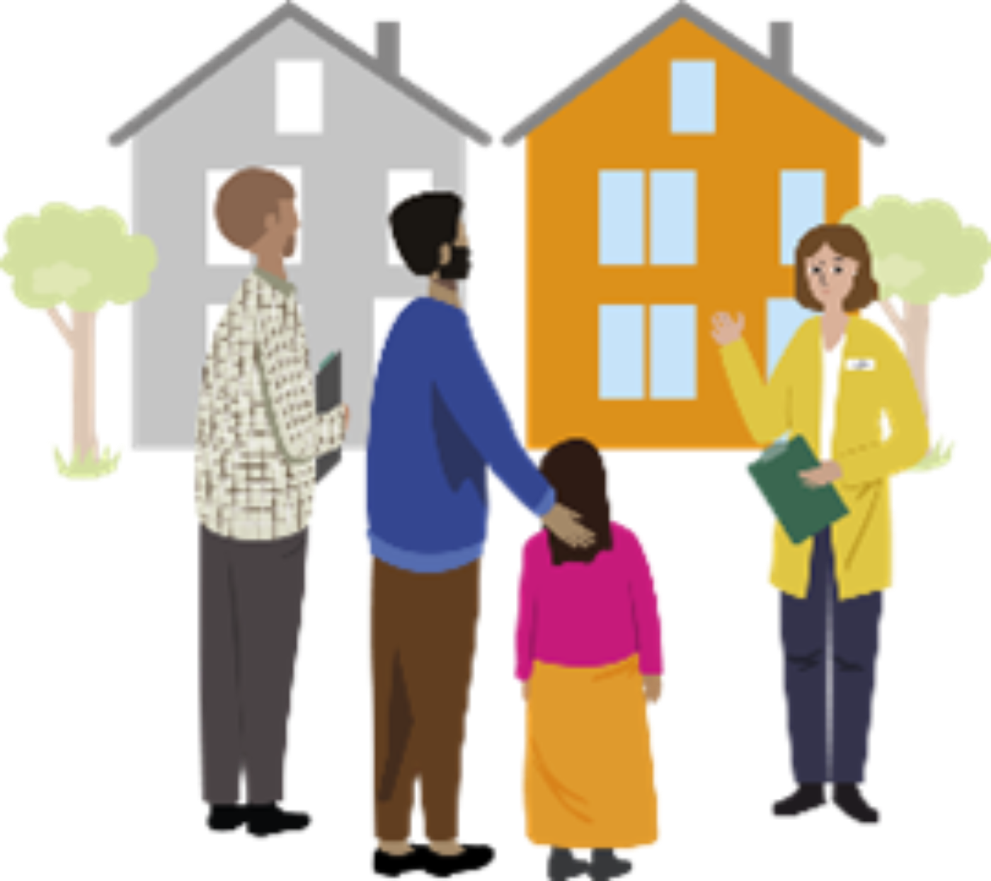 A staff member and an interpreter in front of buildings and trees showing a father and his young daughter the place where they will stay.