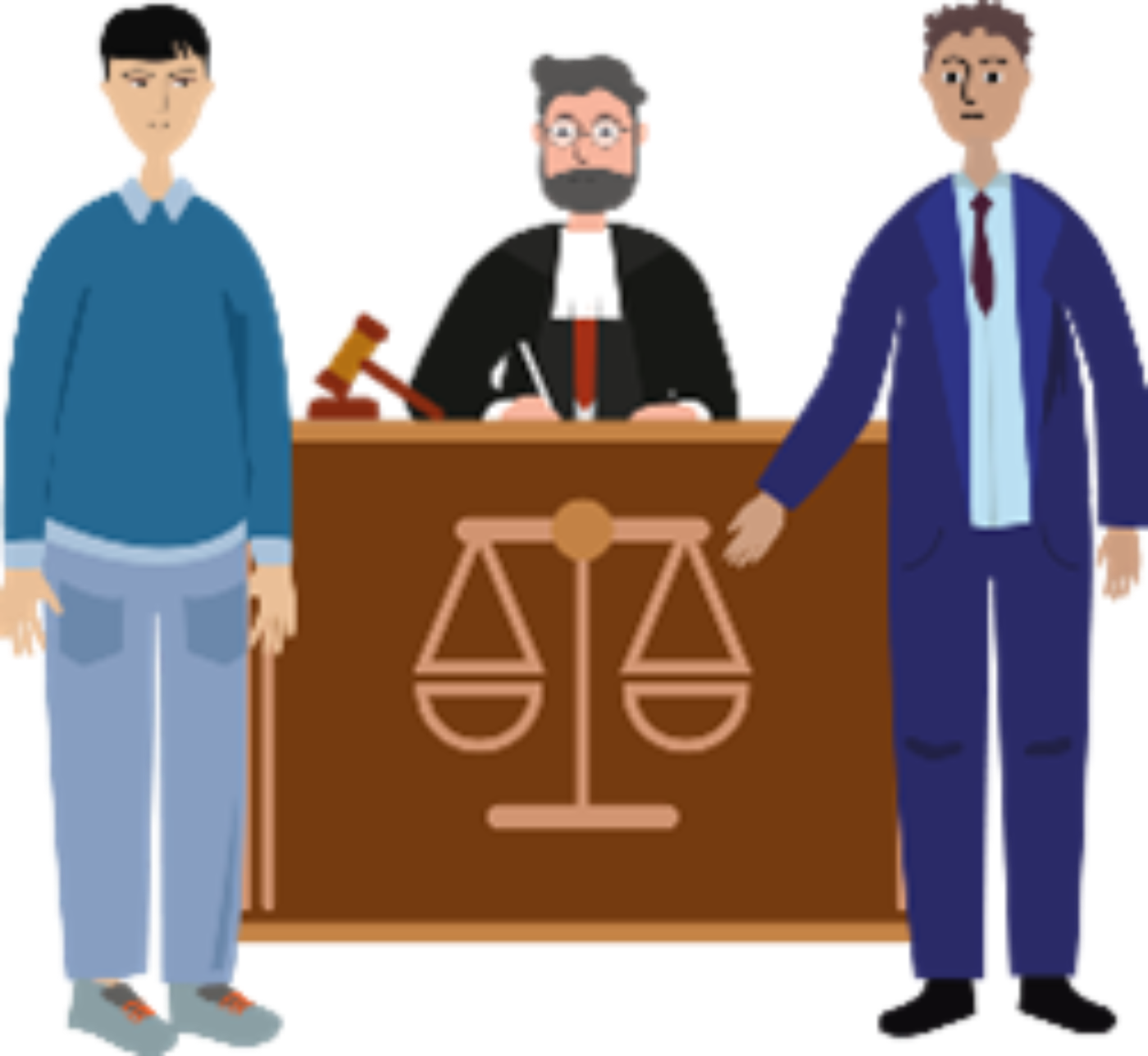 An applicant and his lawyer standing next to a judge in a courthouse.
