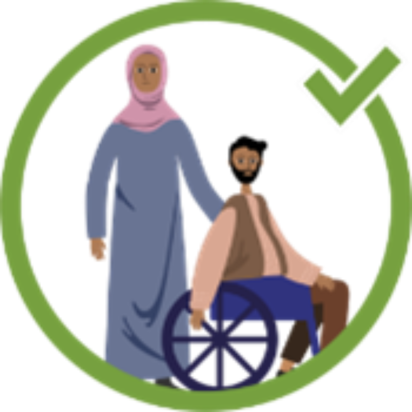 A man in a wheelchair being helped by a female relative.