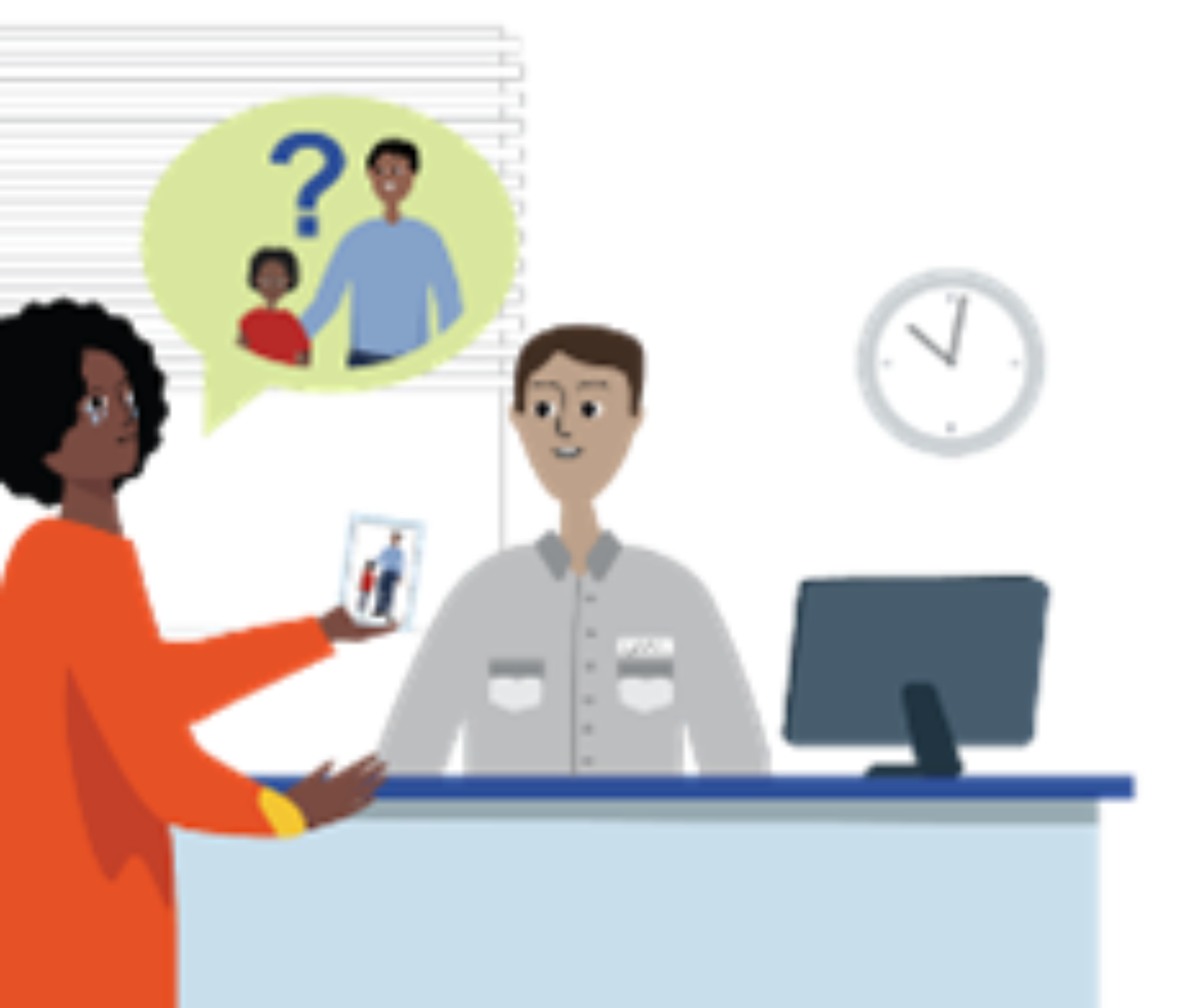 A woman asking a staff member at a desk for help to search for her family.
