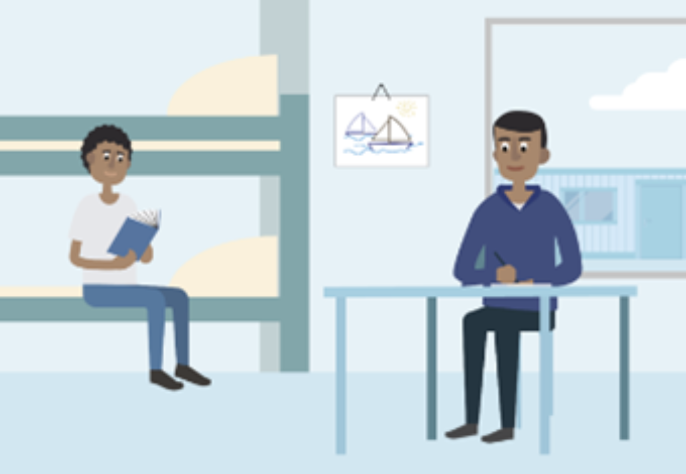 A boy and his father in a room with beds and pictures showing them staying together in the same accommodation place.