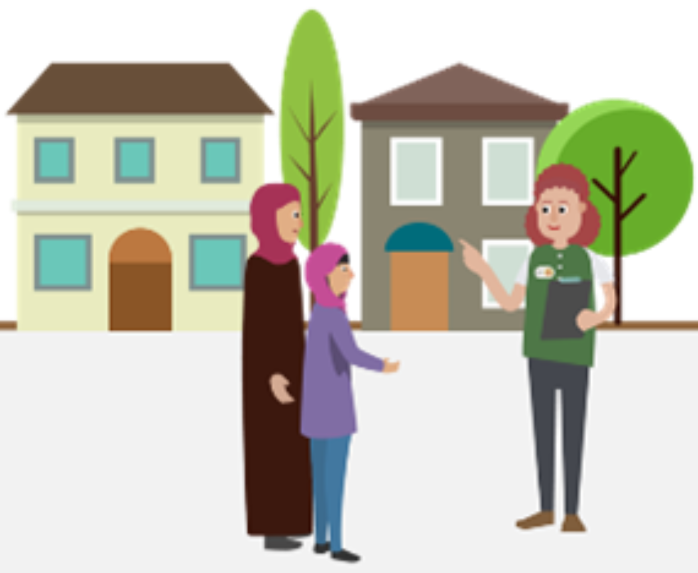 A member of staff in front of buildings and trees showing a girl and her mother where they will have to stay.