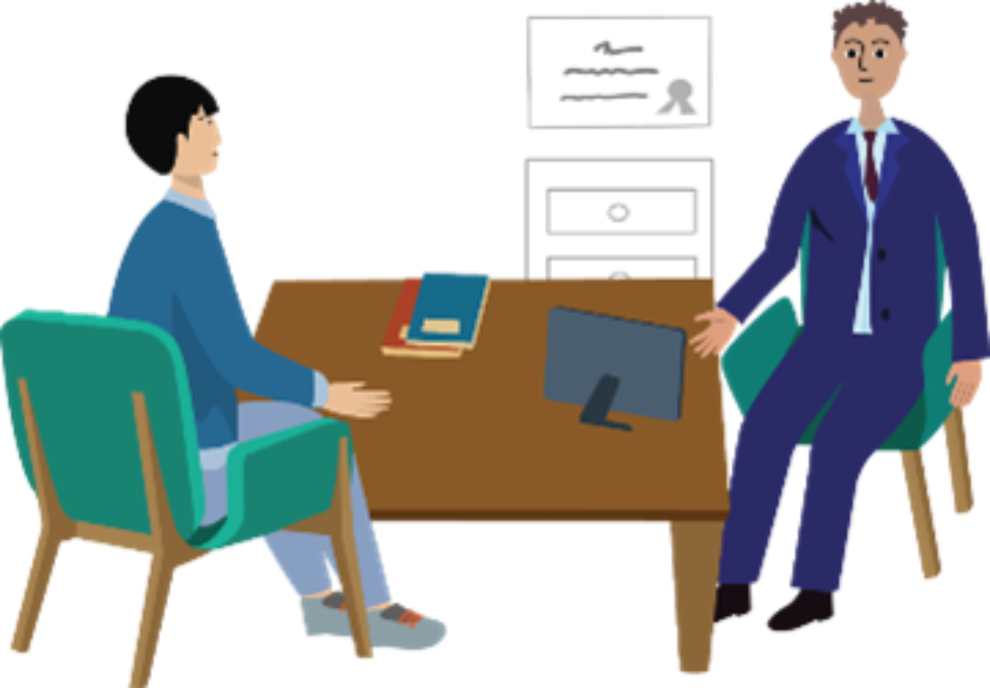An applicant talking to a legal adviser or lawyer in an office.