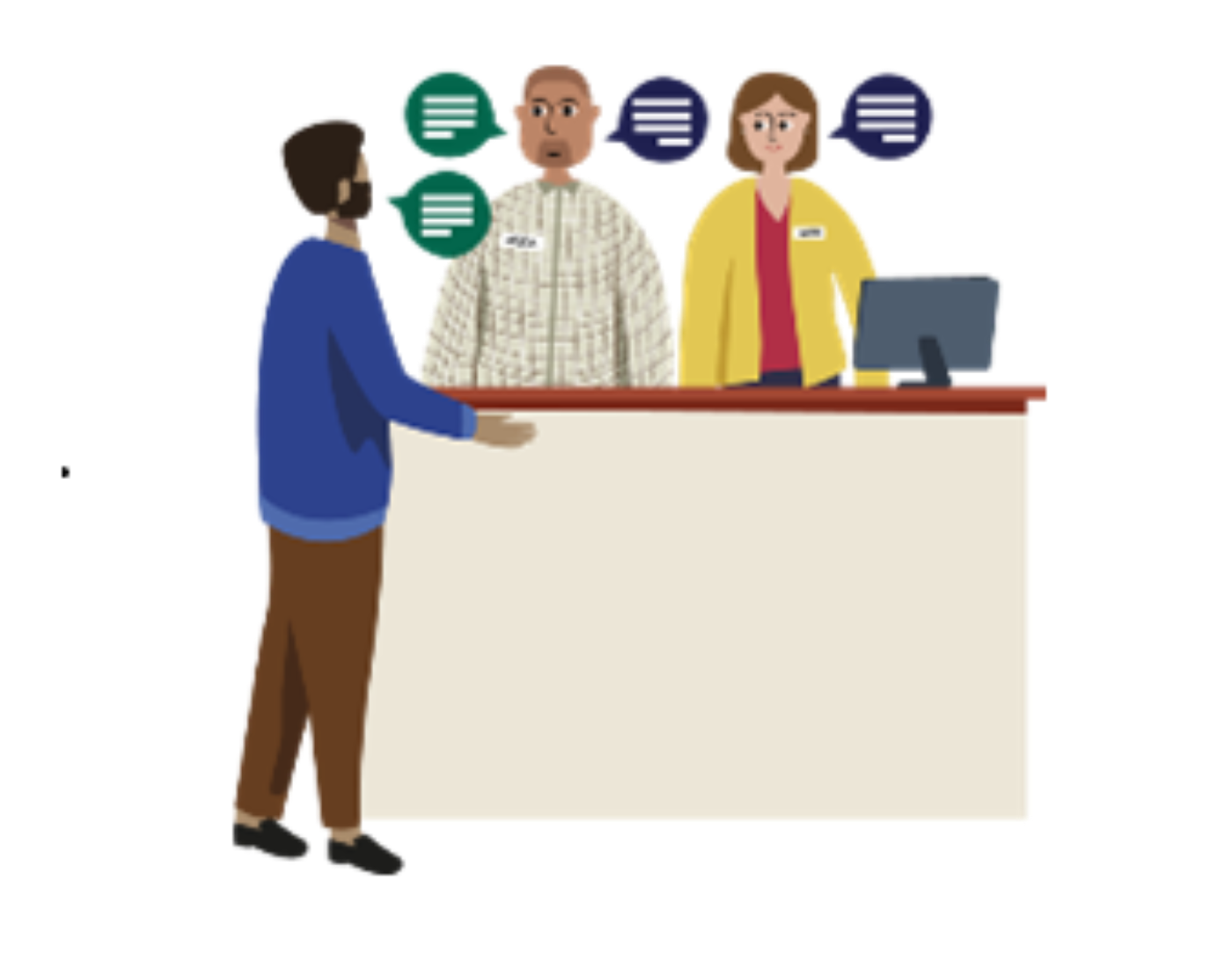 An applicant talking with a staff member and the interpreter.