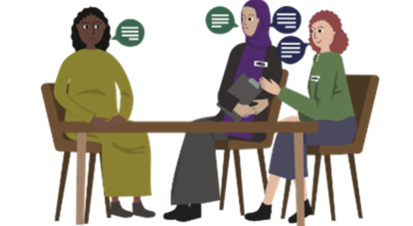 An applicant talking with a staff member with the help of an interpreter. 