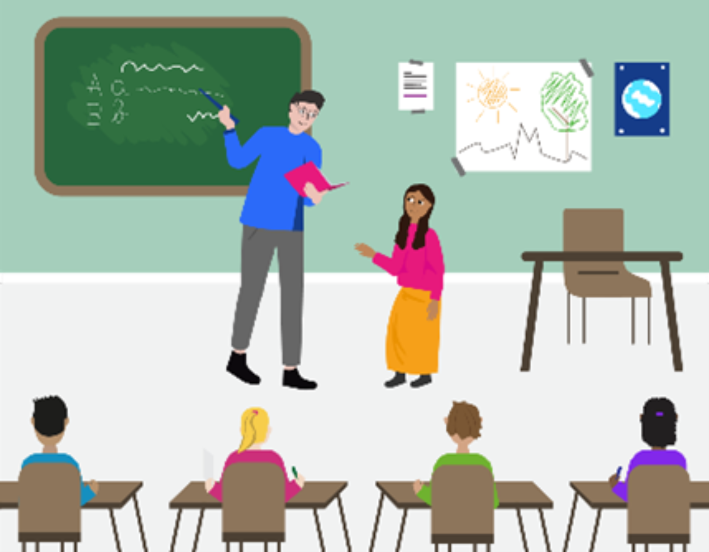 A young girl at the front of a classroom talking to her teacher who is pointing at the chalkboard. Other classmates are present, seated at desks.