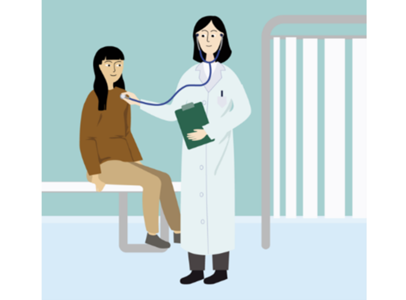 A woman in the medical office with a female doctor to undergo the medical check.