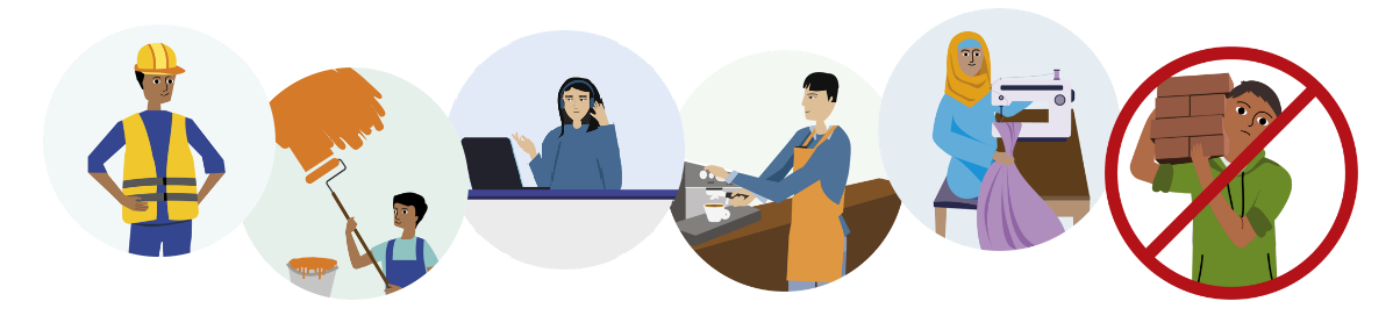 Five pictures of people at work: A man working in a warehouse. A man working as a house painter. A woman working in a call centre. A man working as a waiter in a cafe. And a woman working at a sewing machine. The last picture is a red circle crossed out depicting a sad young boy carrying very heavy bricks.