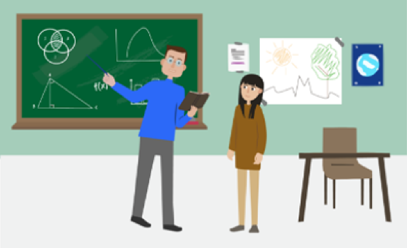 A girl at the front of a classroom talking to her teacher who is pointing at the chalkboard.