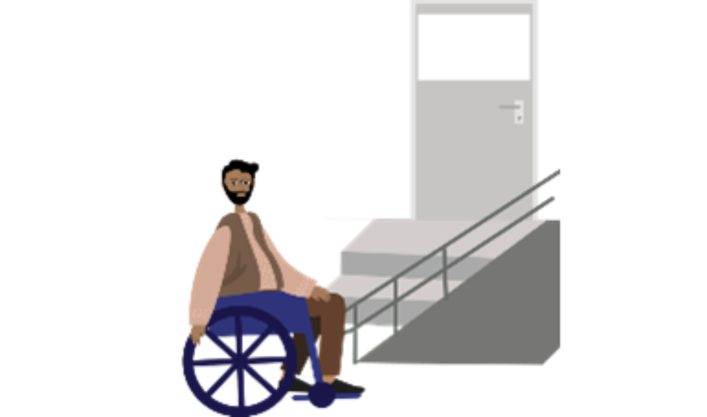 An illustration of a man in a wheelchair moving up a ramp to a room marked 'interview room'.