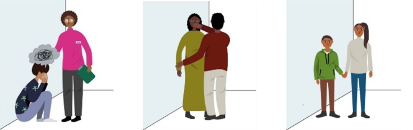 Three pictures showing: A psychologist helping a person who is sitting on the floor and feeling worried. A woman being harassed by a man who is covering her mouth. And two siblings, a young boy and a teenage girl, holding hands.