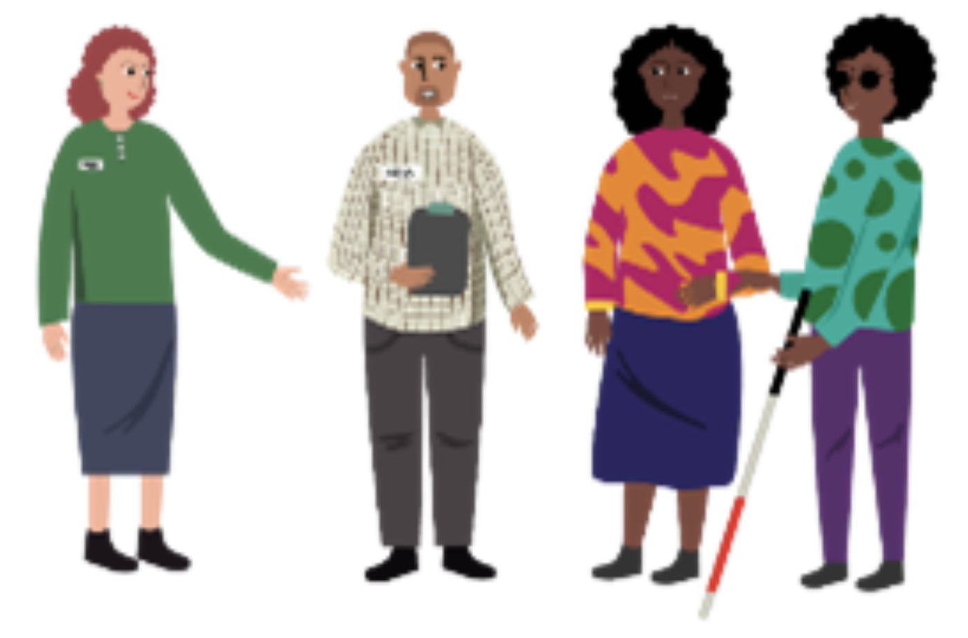 A blind woman, who is being helped by another woman, talking to a staff member and the interpreter.