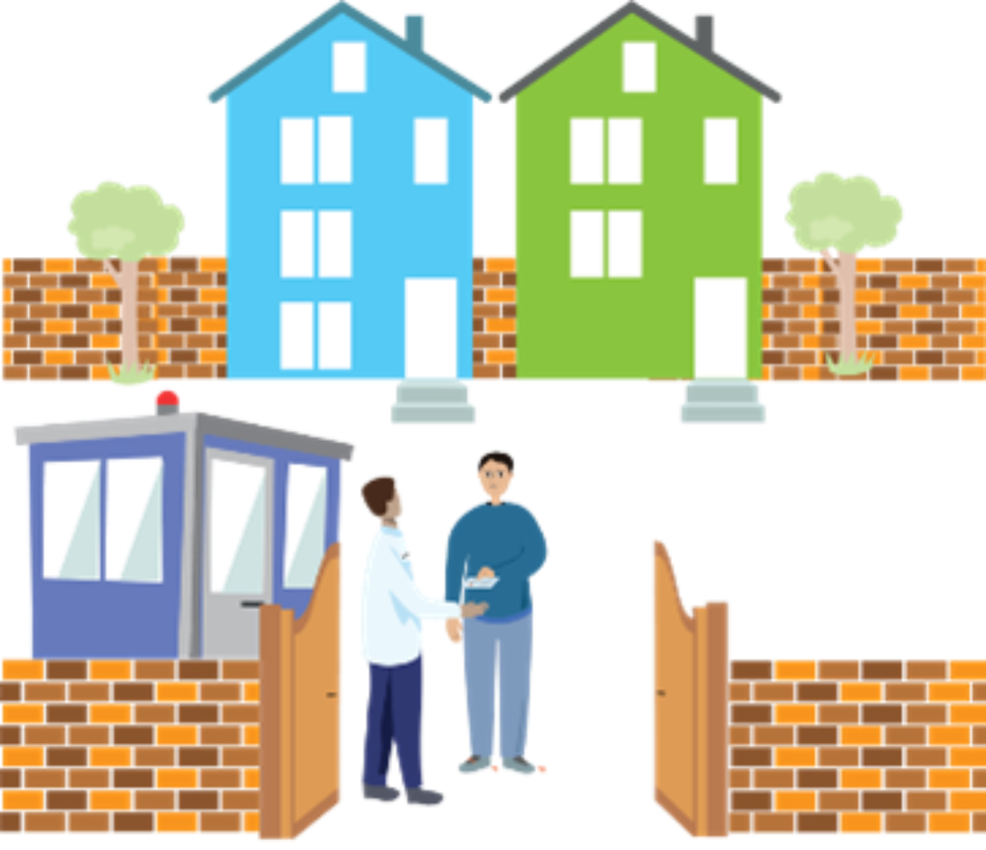 Brightly coloured buildings at the top. Below is a zoomed in image of a staff member at a gate checking a person’s document who is leaving the accommodation centre.
