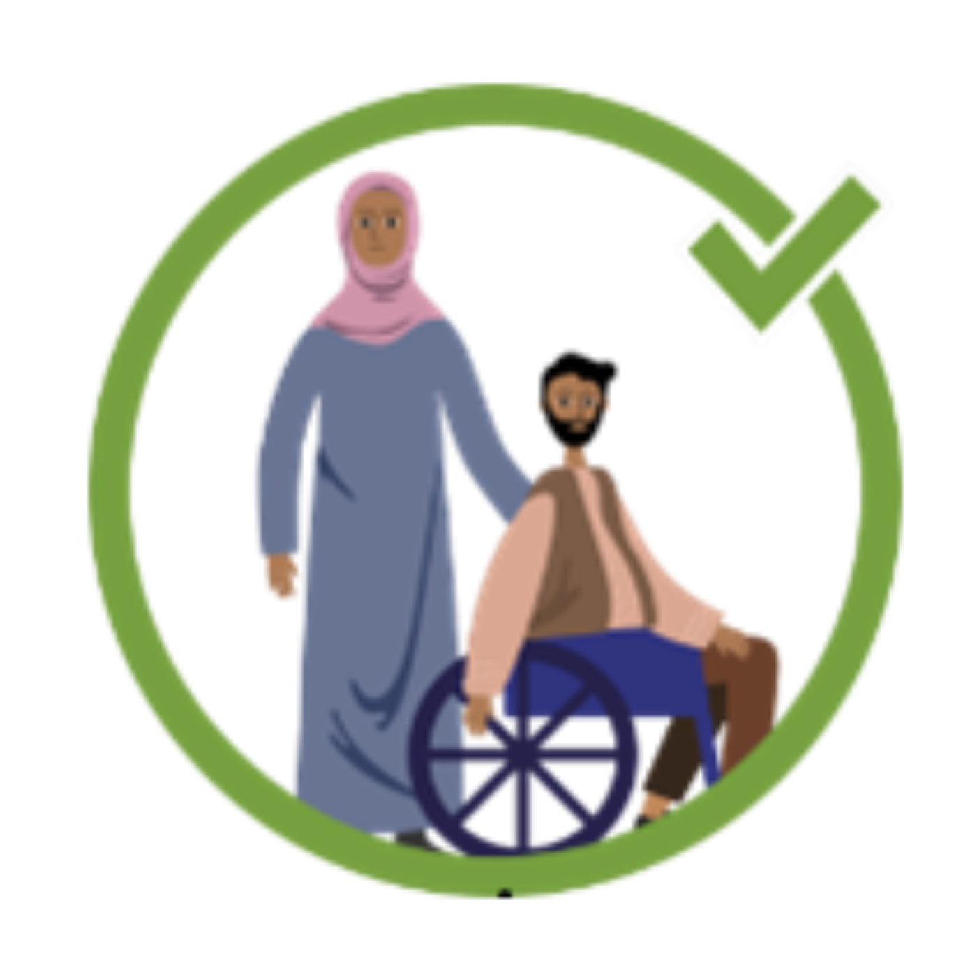A man in a wheelchair being helped by a female relative.