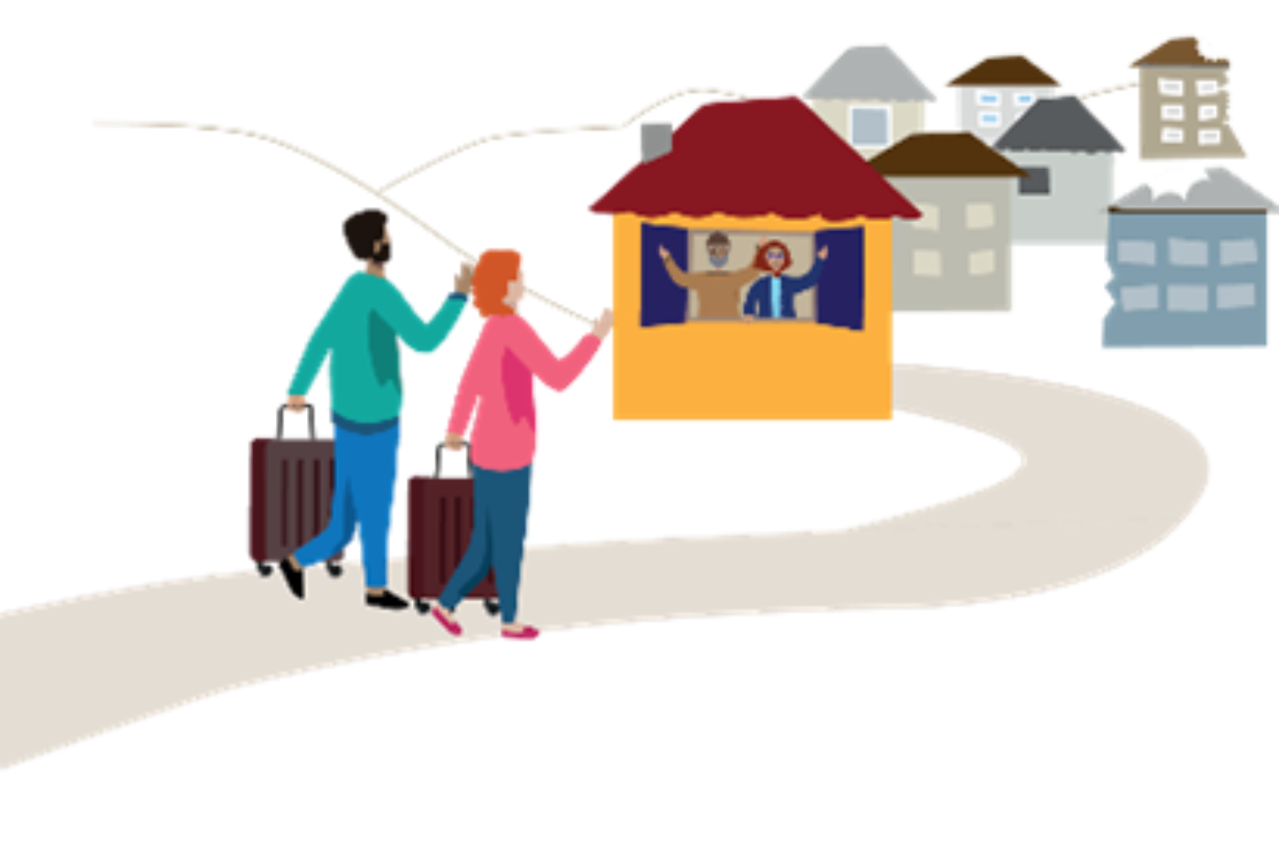 An illustration of two people seen from behind. They are walking down a path with their luggage and waving at their relatives in a house in the distance. 